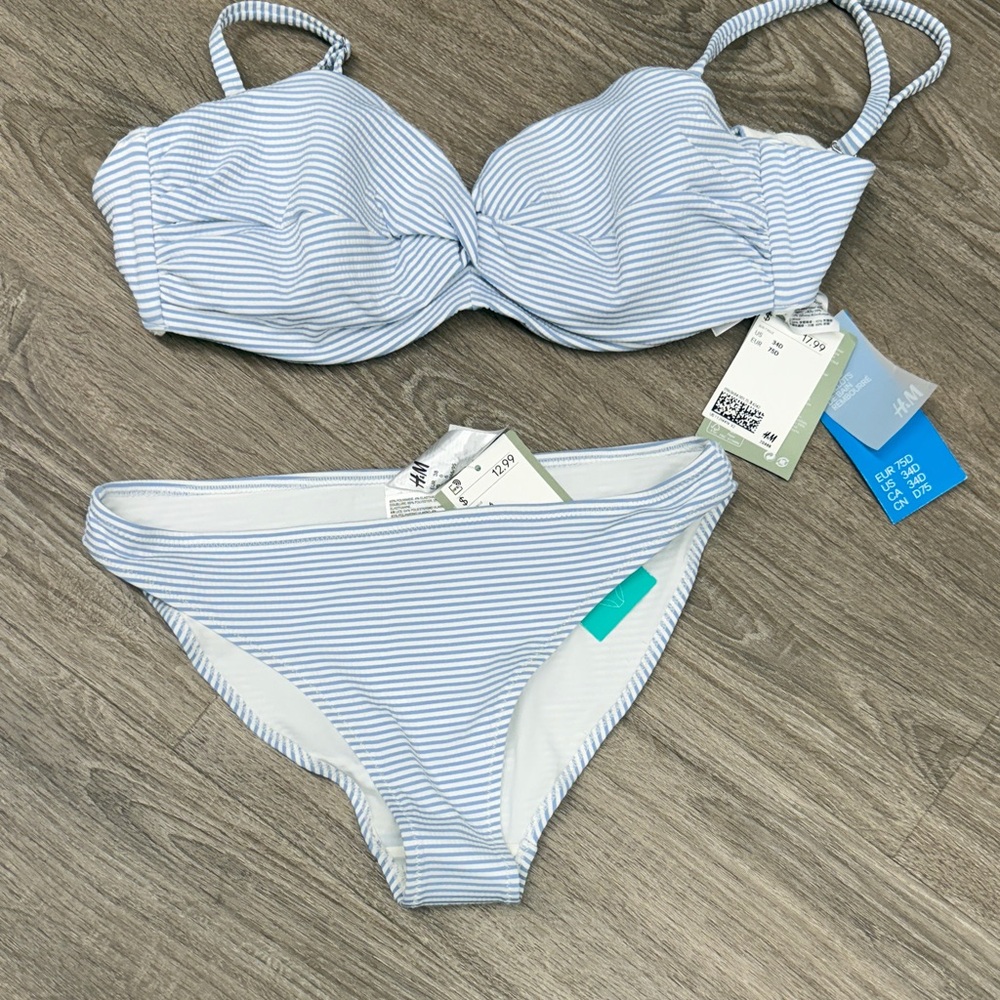 H&M Light Blue Striped Bikini 34D/6.  New!